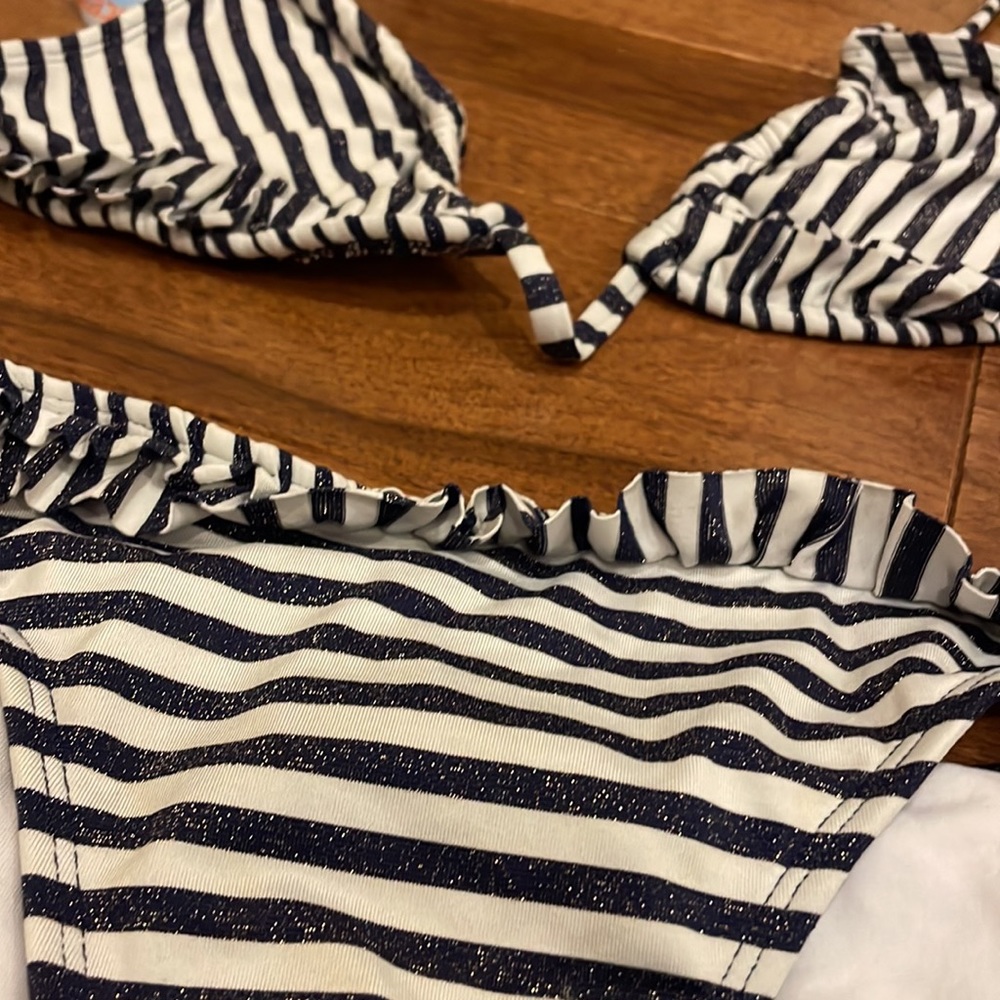 Navy and White sparkle striped bikini. L.